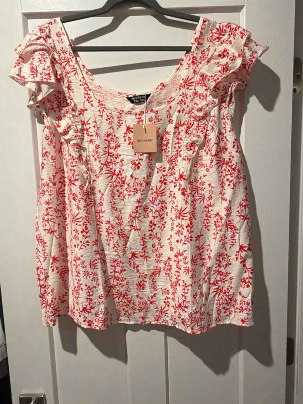 NWT Bloom Chic Red Floral Ruffle Sleeve Women's Top